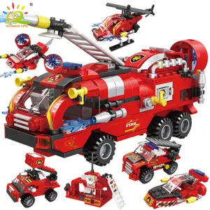 387pcs 6in1 Fire Fighting Trucks Car Helicopter Boat Building Blocks City Firefighter Firemen Figures Bricks Toys Child