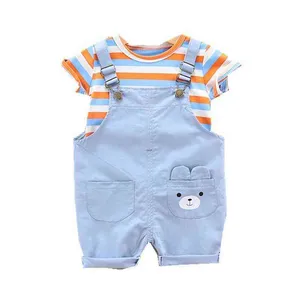 Summer Children Cotton Baby Boy Girl Clothes Cartoon Stripe T Shirts Bib Shorts 2Pcs/sets Infant Kids Fashion Toddler Tracksuits G0119