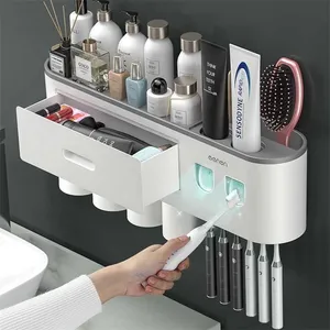 Magnetic Adsorption Inverted Toothbrush Holder Double Automatic Toothpaste Squeezer Dispenser Storage Rack Bathroom Accessories 211130