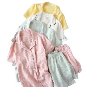 Summer Ladeis Sweet Candy Color Gauze Cotton Solid Color Pajamas Set Short Sleeve+Pants Women Cute Homewear Casual Wear 210831