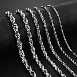 Stainless Steel Rope Chain Necklace 2-5mm Never Fade Waterproof Choker Necklaces Men Women Twist Hip Hop Jewelry 316L Silver Chains Gifts 18-24 Inches