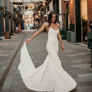Bridal Gowns Simple Boho Wedding Dresses for Women Mermaid 2022 Spaghetti Straps Soft Satin Beach Bride Dress Backless Vestido De Noiva