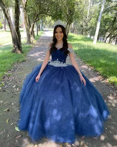 2022 Sexy Dark Blue Country Boho Quinceanera Prom Dresses Ball Gown off shoulder with Sleeve Long Glitter Tulle Evening party Formal Sweet 16 Dress Vestidos 15 Anos