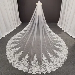 Real Photos Long Lace Bridal veil with Comb 3 Meters 1 Layer Cathedral White Iovry Veil Wedding Accessories