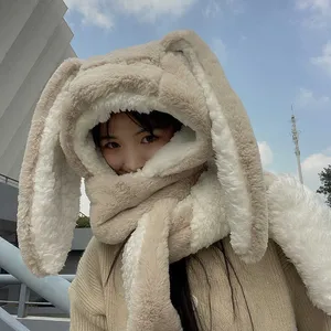 2021 New Fashion Scarf Hat Glove 3 Piece Women Cute Big Ear Bunny Winter Warm Soft Thickening Pocket Hats Hooded