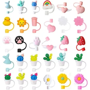 Creative Silicone Straw Tips Cover Reusable Drinking Dust Cap Splash Proof Plugs Lids Anti-dust Tip Sunflower Cherry Blossom Rainbow Cat Paw For 6-8mm Straws ZC431