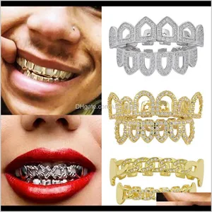 Grillz, Body Drop Delivery 2021 18K Gold Hip Hop Full Diamond Hollow Teeth Grillz Dental Iced Out Fang Grills Braces Tooth Cap Vampire Cospla