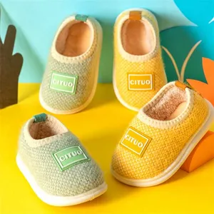 Winter Children Knit Furry Slippers Kids Soft Plush Warm Home Floor Shoes Boys Girl Rubber Soles Non-slip Indoor Cotton Slippers 211023