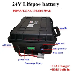 Waterproof 24V 100Ah 120Ah 130Ah 150Ah lifepo4 lithium battery BMS 100A for electric fishing boat Solar energ RV+10A charger