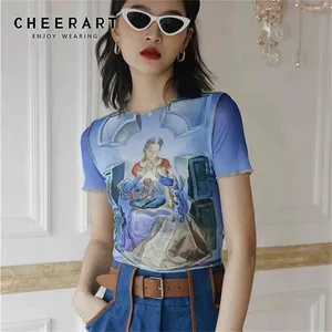 CHEERART Mesh Crop Tops T Shirt Graphic Tees Women Summer Top Blue Printed Tshirt Short Sleeve Tight Top High Fashion Designer 210406