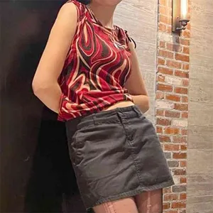 Paisley Printed Bandage Y2K Crop Tops Women Cute Fashion Tie Dye Summer Sleeveless Casual Tee Red Tank Top Vest Streetwear 210510