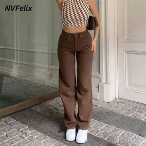 Carpenter Jeans In Brown High Waist Loose Straight Leg Women Fashion Y2k Casual Streetwear Female Pants Baggy Trouser 210809