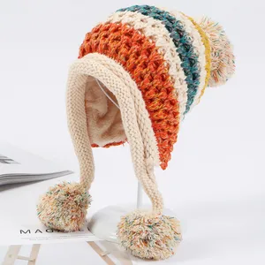 Winter Knitted Hats Women Patchwork Pompon Balls Earflap Caps Ladies Warm Thick Winter Beanies Female Beanie Hat
