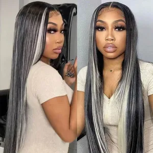 Platinum Highlight Grey Human Hair Wigs Brazilain Bone Straight Lace Front Wig Pre-Plucked Natural Hairline For Woman 200%