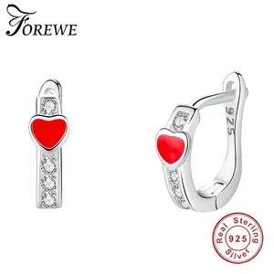 Stud FOREWE 925 Sterling Silver Earring With Crystal CZ Red Enamel Tiny Heart Earrings For Women Girls Fashion Cute Jewelry Gift