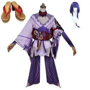 Game Genshin Impact Raiden Shogun Cosplay Costume Dress Uniform Suit Halloween Party Outfit Wig Shoes