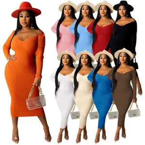Casual Dresses Plus Size Women's Clothing 2021 Autumn And Winter Big V-neck Solid Color Strapless Threaded Slim Sexy Dress Women Clothes