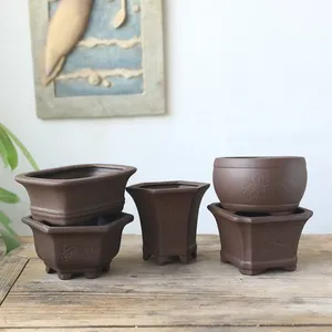 Black Pottery Earthen Burn Ceramic Crafts Flowerpot Plum Orchid Bamboo Chrysanthemum Succulent Plant Pot Breathable Vase Decor 210401