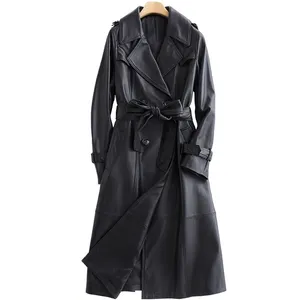 Lautaro Long black leather trench coat for women long sleeve belt lapel Women fashion Luxury spring British Style outerwear 211011