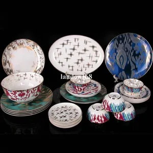 Luxuriously golden-rimmed Ceramic 28pcs Dinner Plates Set bone china Dinnerware Sets colorful tableware suit