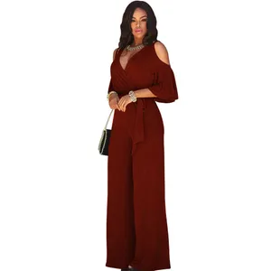 Women Casual Jumpsuit Short Sleeve Cold Shoulder Wide Leg High Waist V Neck Plus Size Overall Playsuit Fashion Summer Clothing 210416