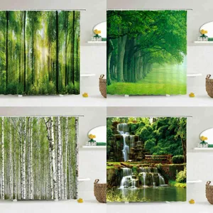 Modern 3D Printing Forest Shower Curtain Green Plant Tree Landscape Bath Curtain With Hooks For Bathroom waterproof scenery 211115