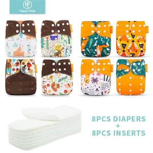 HappyFlute 8 diapers+8 Inserts Baby Cloth Diapers One Size Adjustable Washable Reusable Cloth Nappy For Baby Girls and Boys 211028