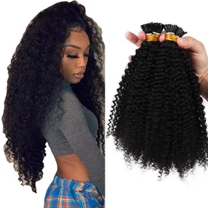 4B 4C Kinky Curly Malyaisian Remy Pre-bonded Hair Extensions I Nail Tip 100 Strands Natural Color 1g/s For Women
