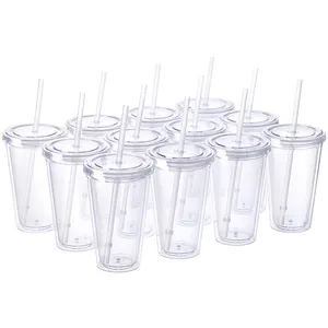 16oz Transparent Cups Tumblers Plastic Drinking Juice Cup With Lip And Straw WLL887