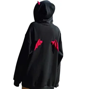 Harajuku Hoodies Girl Little Devil Horns Gothic Hooded Sweatshirts Women Demon Fly Wings Loose Pullovers Pocket Tops Streetwear Y0820