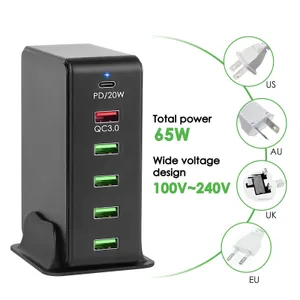 65W pd USB C Fast Wall Charger 6-Port PD20W Quick Charger QC3.0 For Smartphone tablet PC EU US AU Plug Desktop Charging Station