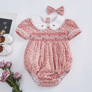 2PCS Baby Smock Floral Romper Girl Handmade Embroidered Jumpsuit Toddler Smocked Clothes Infant Birthday Rompers with Hairpin 210615