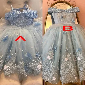 2021 Cute Light Sky Blue Flower Girls Dress Girl Pageant Dresses Princess Tulle Lace Appliques Pearls Kids Ball Gown Birthday Gowns Floor Length Hand Made Flowers