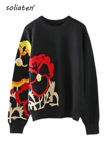 Black Floral Embroidery Pullover Women Boho Long Sleeve O Neck Autumn Winter Jumper Top Loose Knitted Sweaters C-010