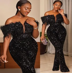 2022 Plus Size Arabic Aso Ebi Black Mermaid Jumpsuits Prom Dresses Feather Sexy Evening Formal Party Second Reception Birthday Engagement Gowns Dress ZJ55