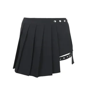 Pleated Girls Gothic Half Skirts Summer Harajuku Punk Style Plaid Irregular Skirts Women Asymmetrical High Waist Black Skirt
