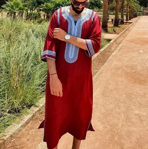Ethnic Clothing Muslim Men Jubba Thobe Long Sleeve Islamic Embroidery V-Neck Kimono Robe Abaya Caftan Dubai Arab Dress Shirt Wholesales