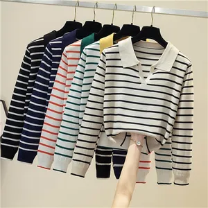 Striped v neck pullover polo sweater women s early autumn all match tops long sleeved knitted bottoming sweaters jumpers 220810
