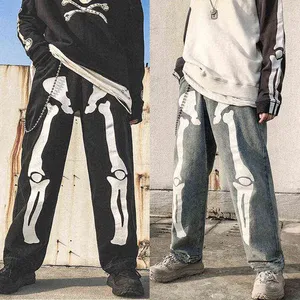 Men Skeleton Printed Jeans Pants Mens High Street Wide Legs Straight Loose Hip Hop Harem Jeans Young Casual Denim Pants Overalls G220415
