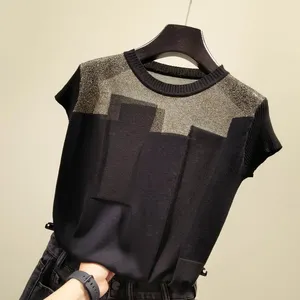 Women's Blouses & Shirts Korean Patchwork Ice Silk Knitted Tops Blusas Mujer De Moda Women O-neck Short Sleeve Pullover Fashion Thin Blouse