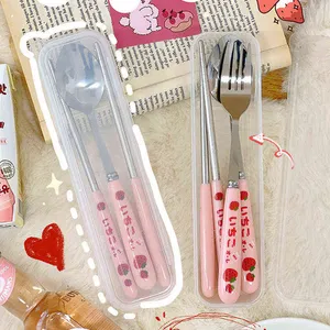 Cute Strawberry Korean Chopsticks Spoon Fork Cutlery Set With Case Portable Travel Stainless Steel Tableware Kitchen Utensils Y220530