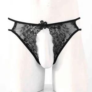 Men Pattern Flower Lace G-string Sissy Underwear Hollow Out Underpants Nightwear Low Waist Crotchless T-back Thongs L220711