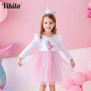 VIKITA Kids Girls Tutu Dress Children Clothes Long Sleeve Cartoon Mermaid Princess Dress Kids Birthday Party Dress for Girl 210329