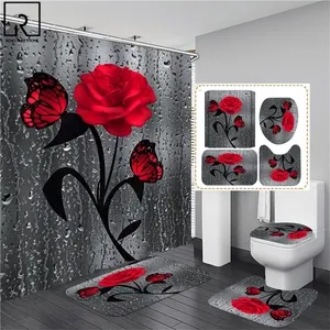5 Colors Rose Print 3D Shower Curtain Waterproof Polyester Bathroom Curtain Anti-slip Bath Mat Set Toilet Rugs Carpet Home Decor 220505