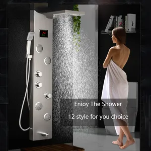 Luxury Black/Brush Bathroom LED Shower Panel Tower System Wall Mount Mixer Tap Hand Shower SPA Massage Temperature Screen