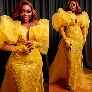 2022 Plus Size Arabic Aso Ebi Yellow Luxurious Sheath Prom Dresses Beaded Sequined Lace Evening Formal Party Second Reception Birthday Engagement Gowns Dress ZJ224