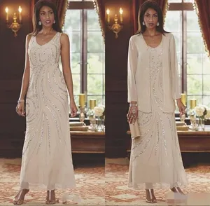 2022 Vintage Sequins Ivory Chiffon Sheath Mothers Dresses With Long Sleeve Jacket Mother of the Bride Dresses 2 Pieces Ankle Length Formal Gown B0510