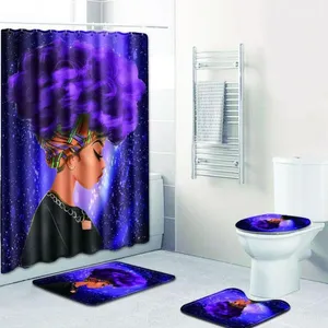 Fashion African Woman Pattern Polyester Shower Curtain Set Non Slip Rugs Carpet For Bathroom Toilet Flannel Bath Mat