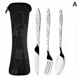 3Pcs Steel Knifes Fork Spoon Set Family Travel Camping Cutlery Eyeful Four-piece Dinnerware Set with Case C0628x1