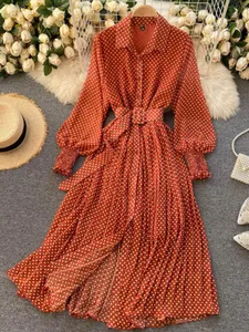 Spring And Summer French Vintage Maxi Dress Sundress Ladies Long Sleeve Orange Polka Dot Chiffon Pleated Dresses Femme Robe